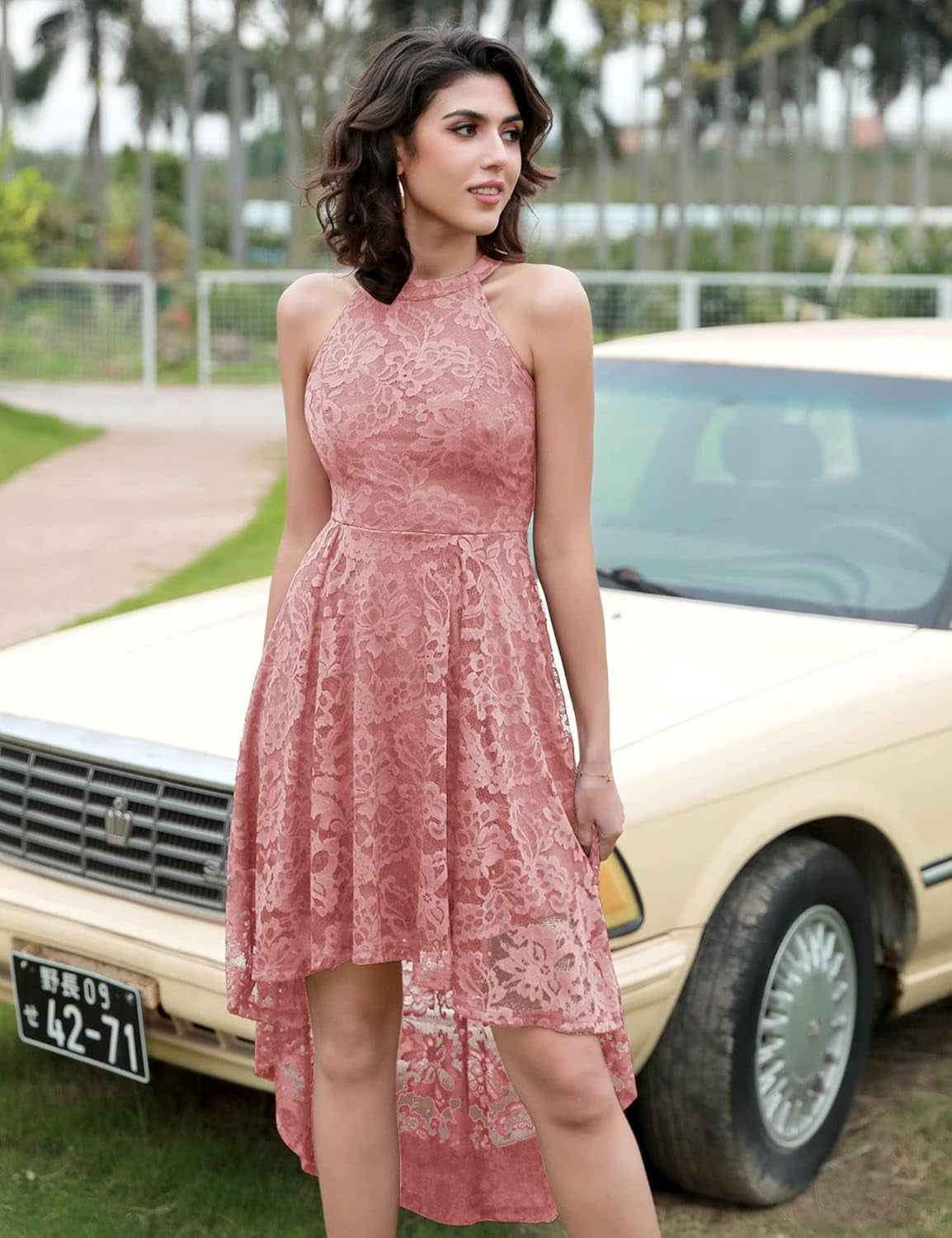 Elegant Hi-Lo Lace Halter Dress for Women - Perfect Wedding Guest, Cocktail Party, and Bridesmaid Attire