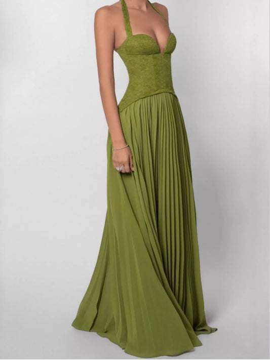 Lace Halter Neck Pleated Maxi Dress – view 2