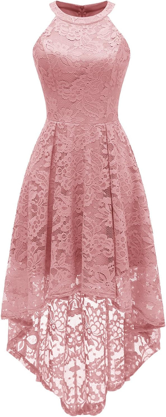 Elegant Hi-Lo Lace Halter Dress for Women - Perfect Wedding Guest, Cocktail Party, and Bridesmaid Attire