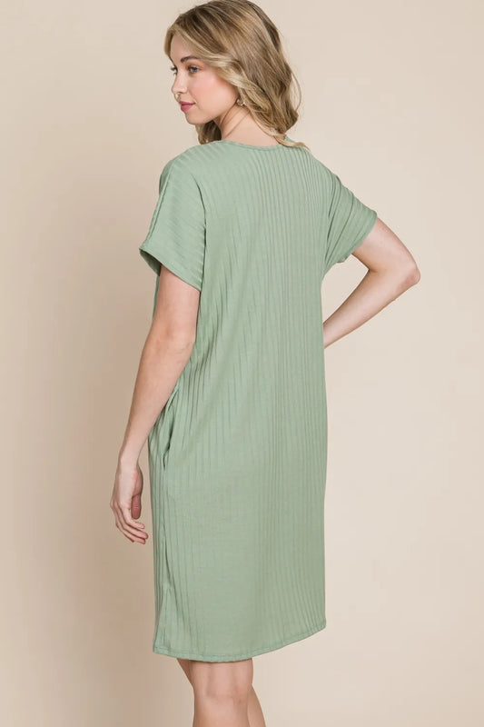 BOMBOM Ribbed Round Neck Short Sleeve Dress – view 2