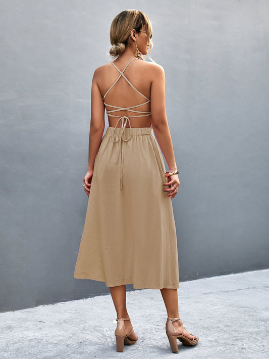 Buttoned Halter Neck Frill Trim Midi Dress – view 2