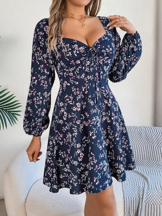 Printed Sweetheart Neck Balloon Sleeve Mini Dress – view 2
