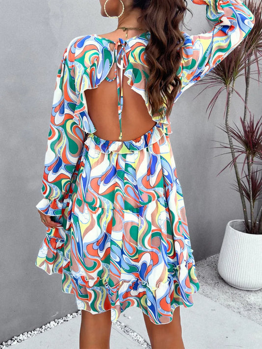 Devine Backless Printed V-Neck Flounce Sleeve Dress – view 2