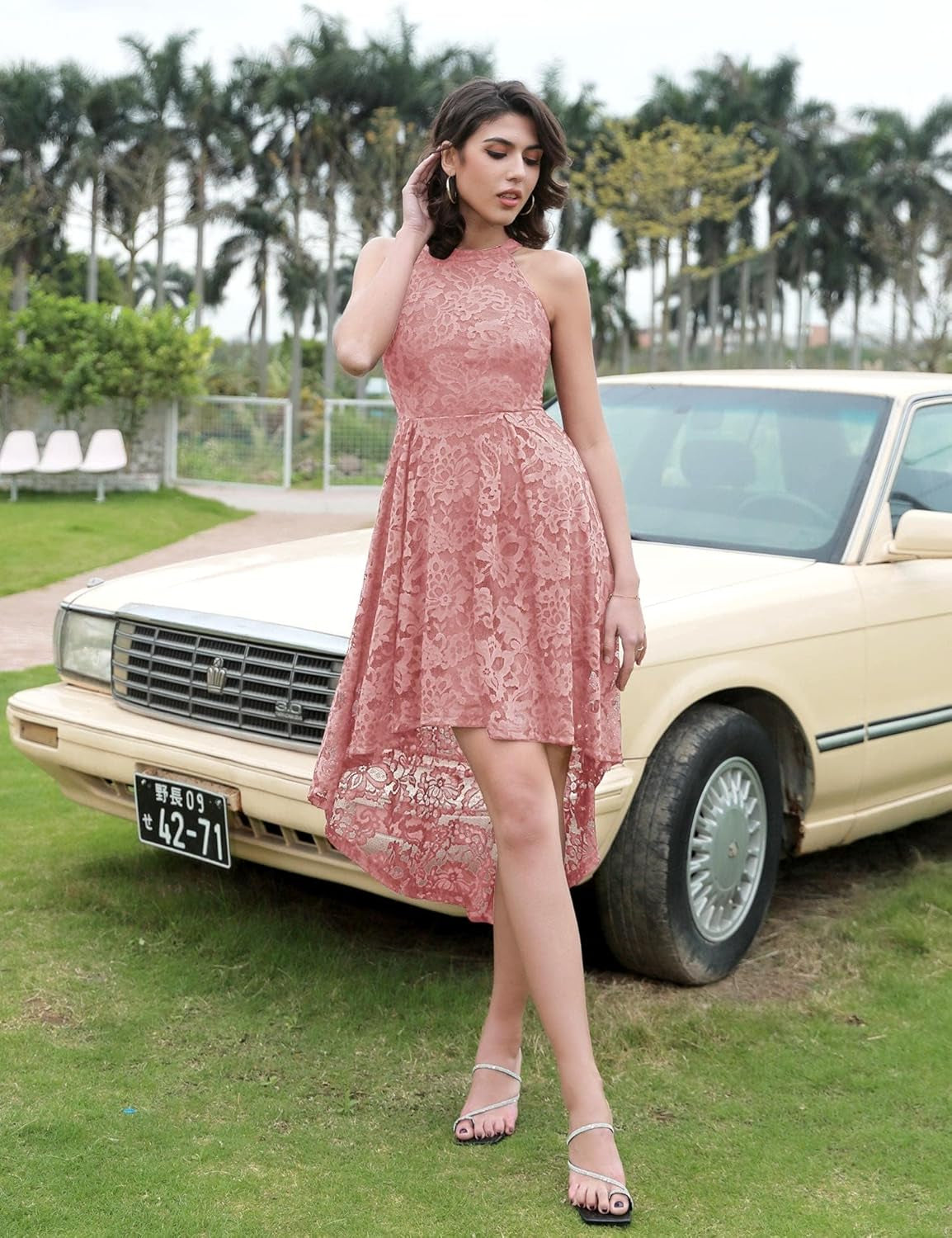 Elegant Hi-Lo Lace Halter Dress for Women - Perfect Wedding Guest, Cocktail Party, and Bridesmaid Attire