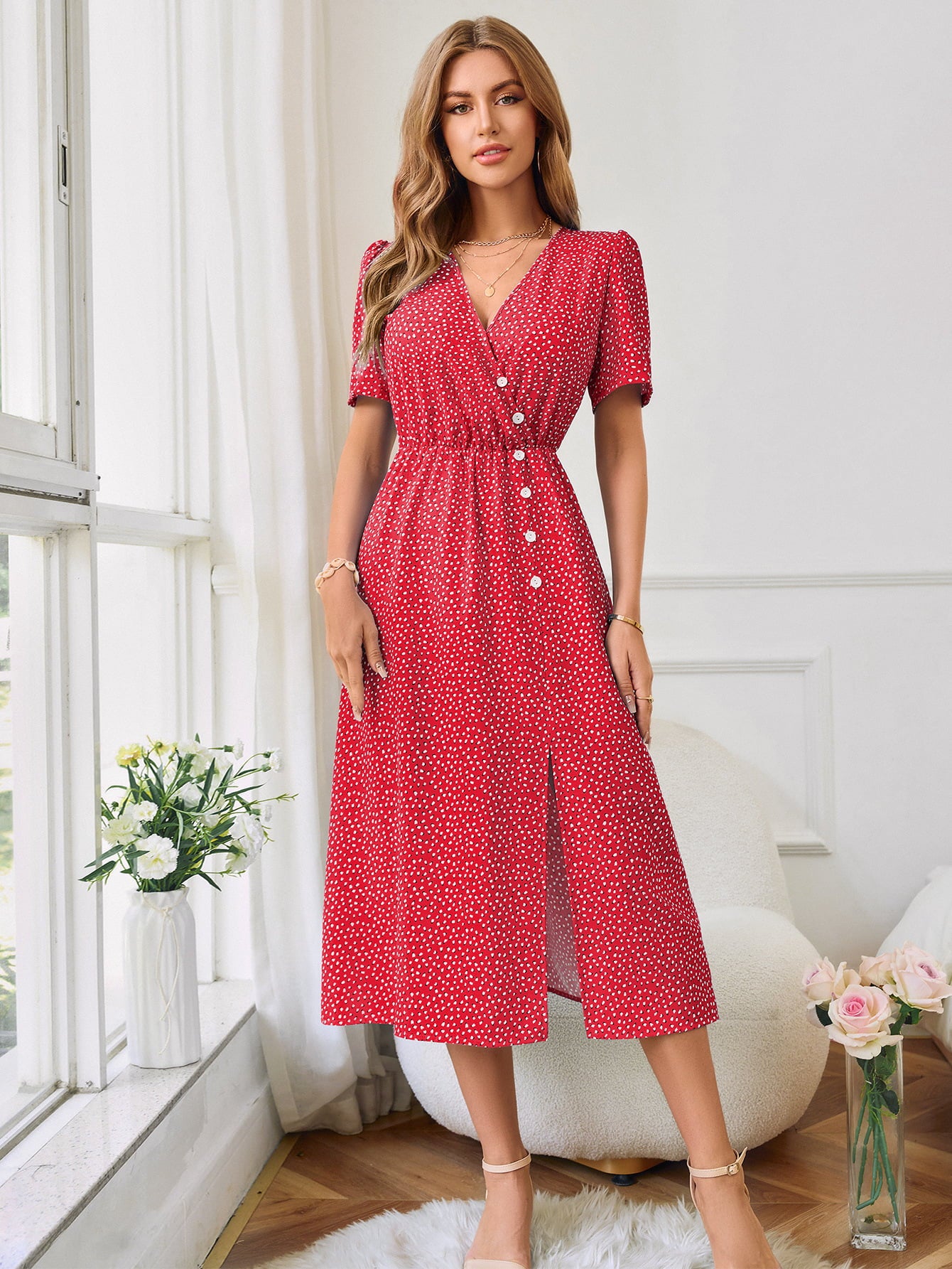 New Printed Decorative Button Slit Dress (Copy)