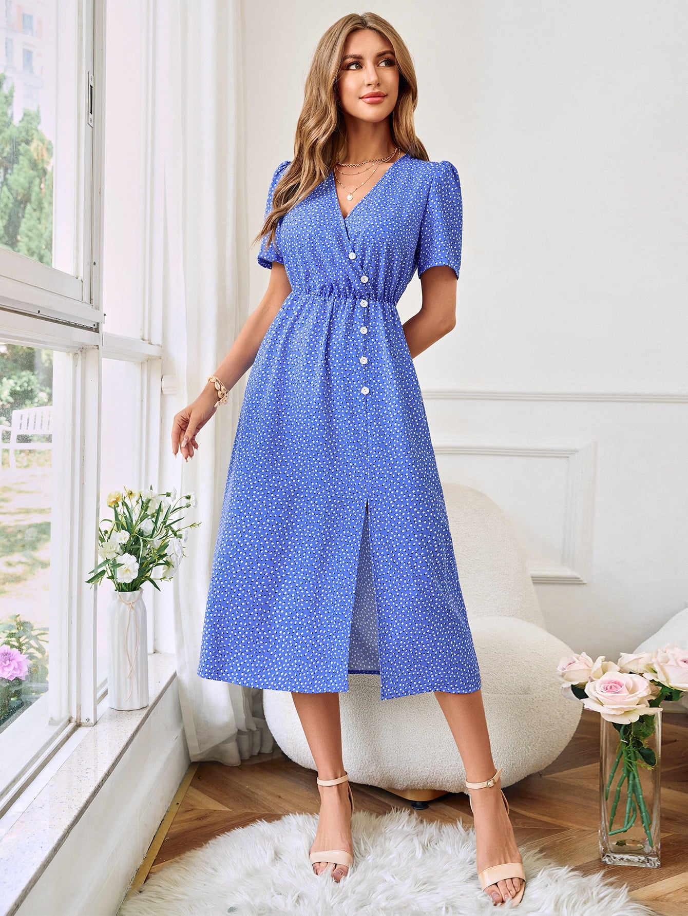 New Printed Decorative Button Slit Dress (Copy)