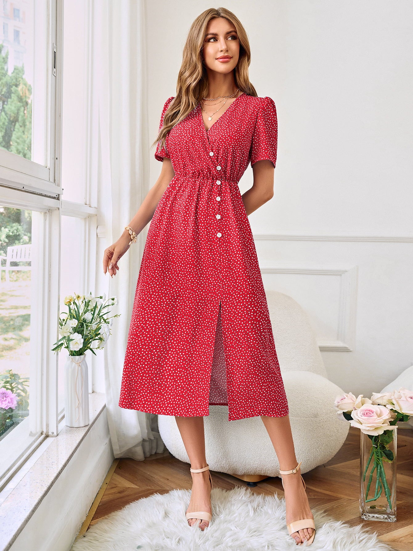 New Printed Decorative Button Slit Dress (Copy)