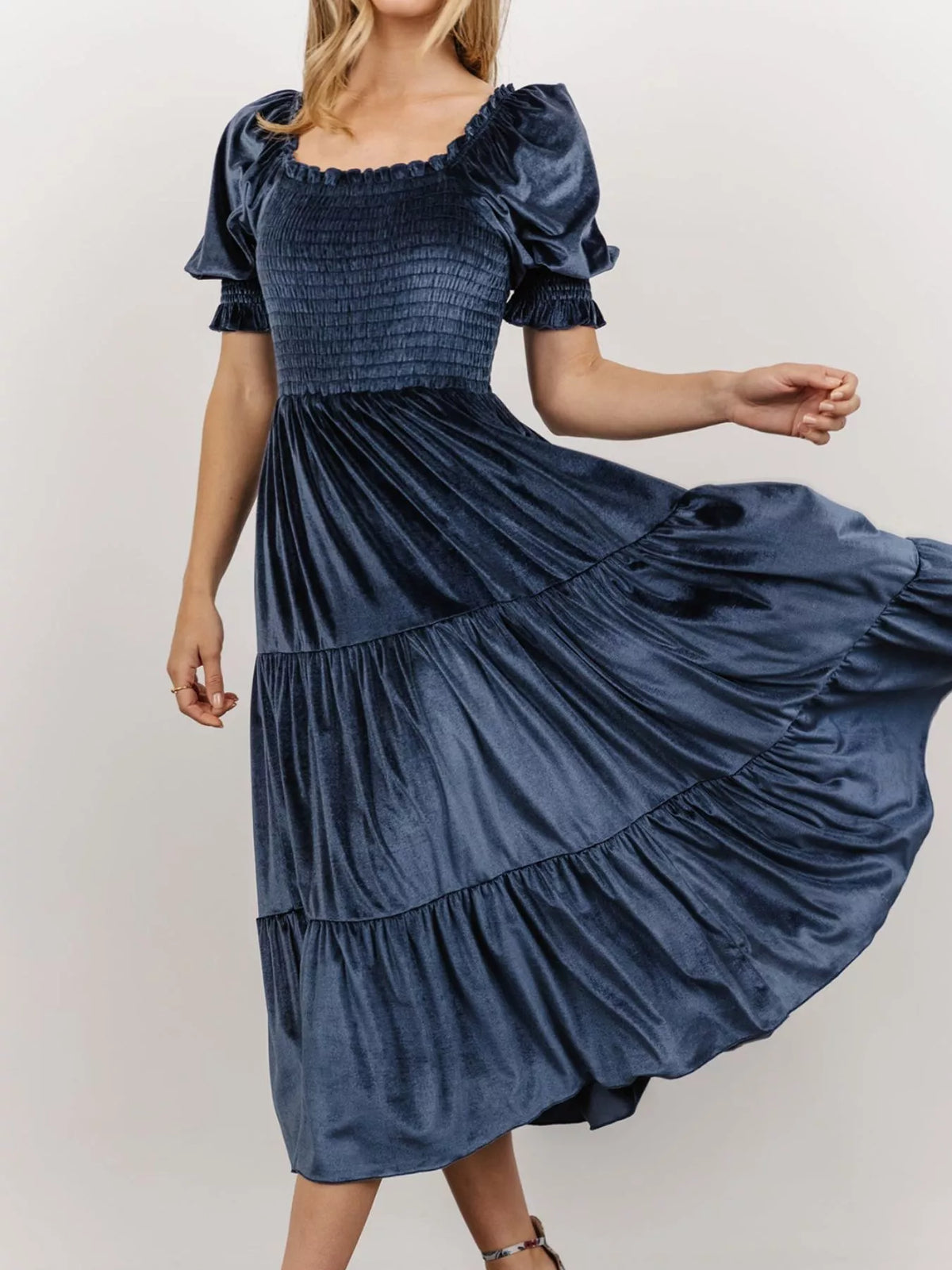 Velvet Smocked Tiered Midi Dress – view 2
