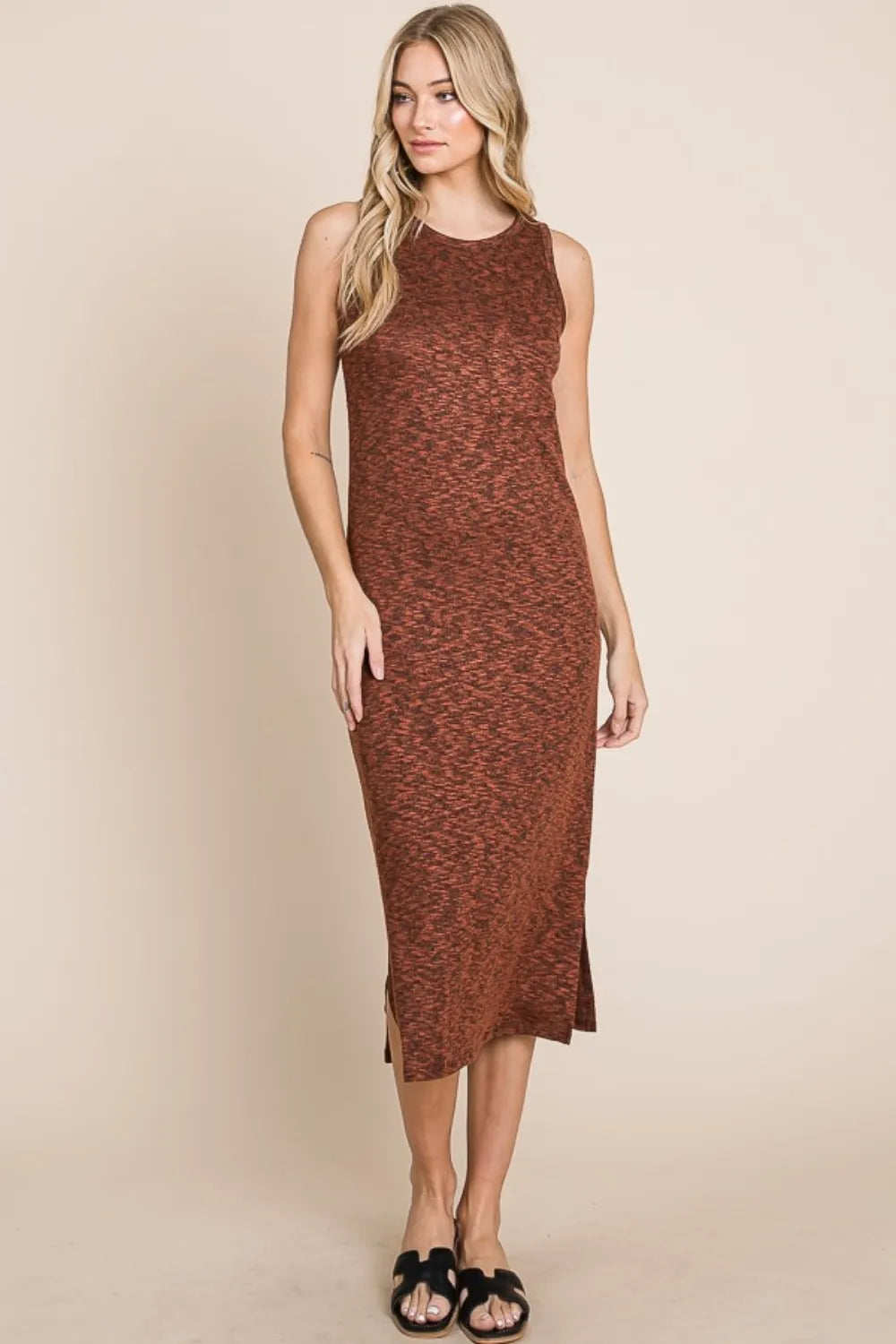 BOMBOM Slit Round Neck Sleeveless Midi Dress – view 3