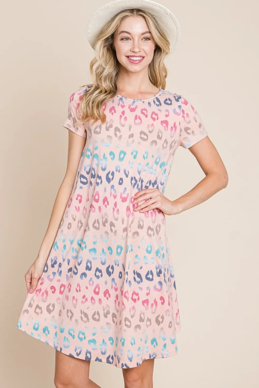 BOMBOM Leopard Round Neck Short Sleeve Dress – Urban House Fashion