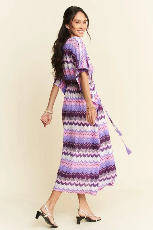 Davi & Dani Multi Color Wavy Tie Waist Flowy Sleeve Dress – view 4