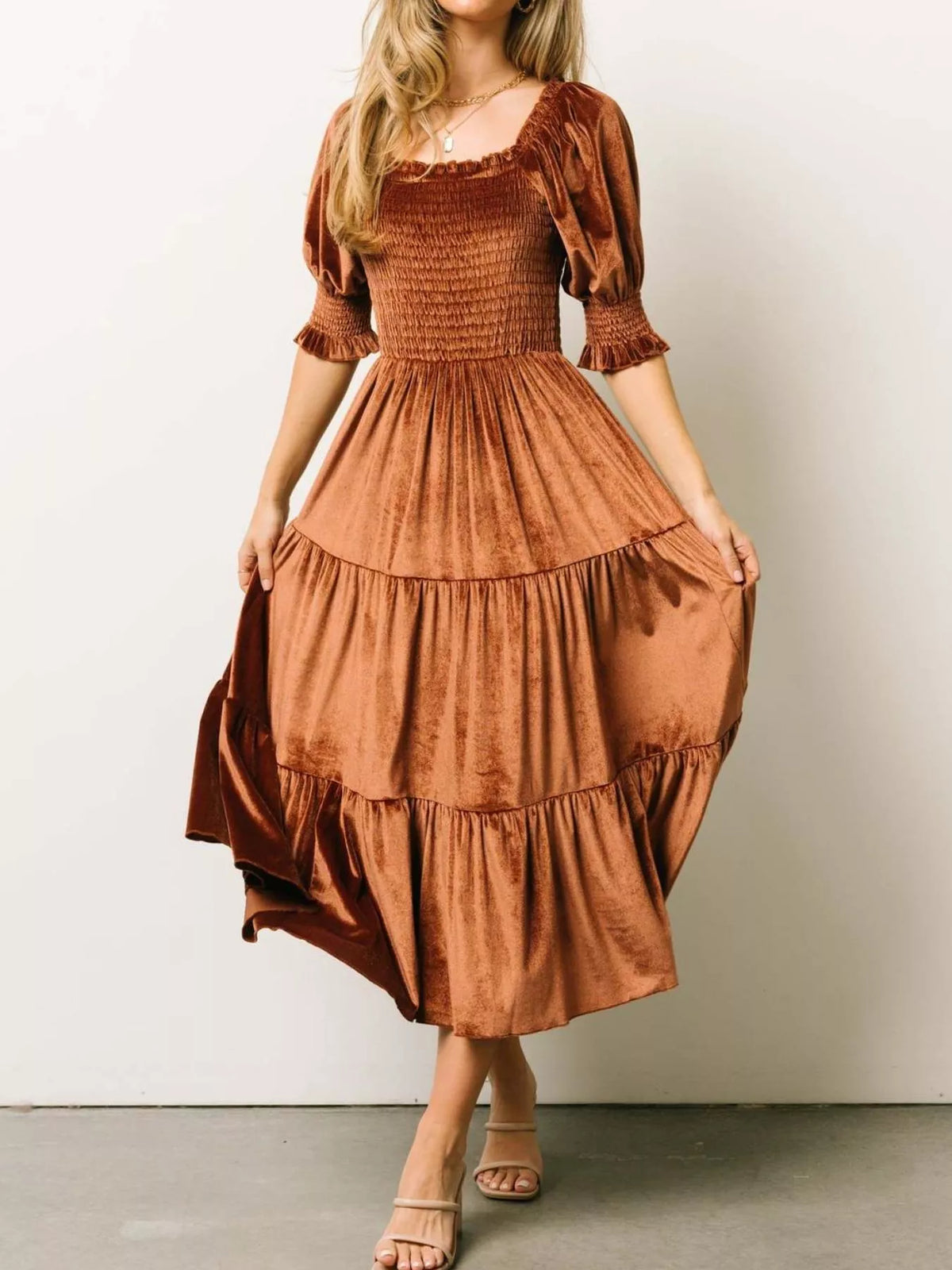 Velvet Smocked Tiered Midi Dress – view 4