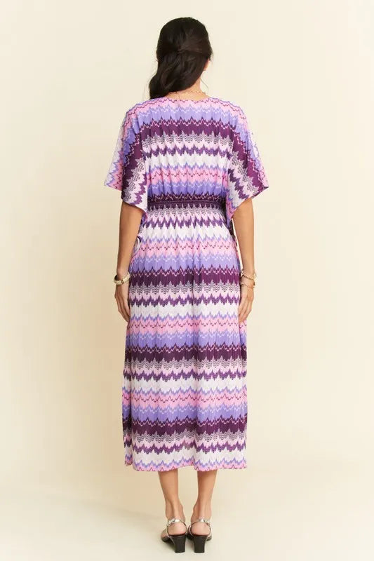Davi & Dani Multi Color Wavy Tie Waist Flowy Sleeve Dress – view 2