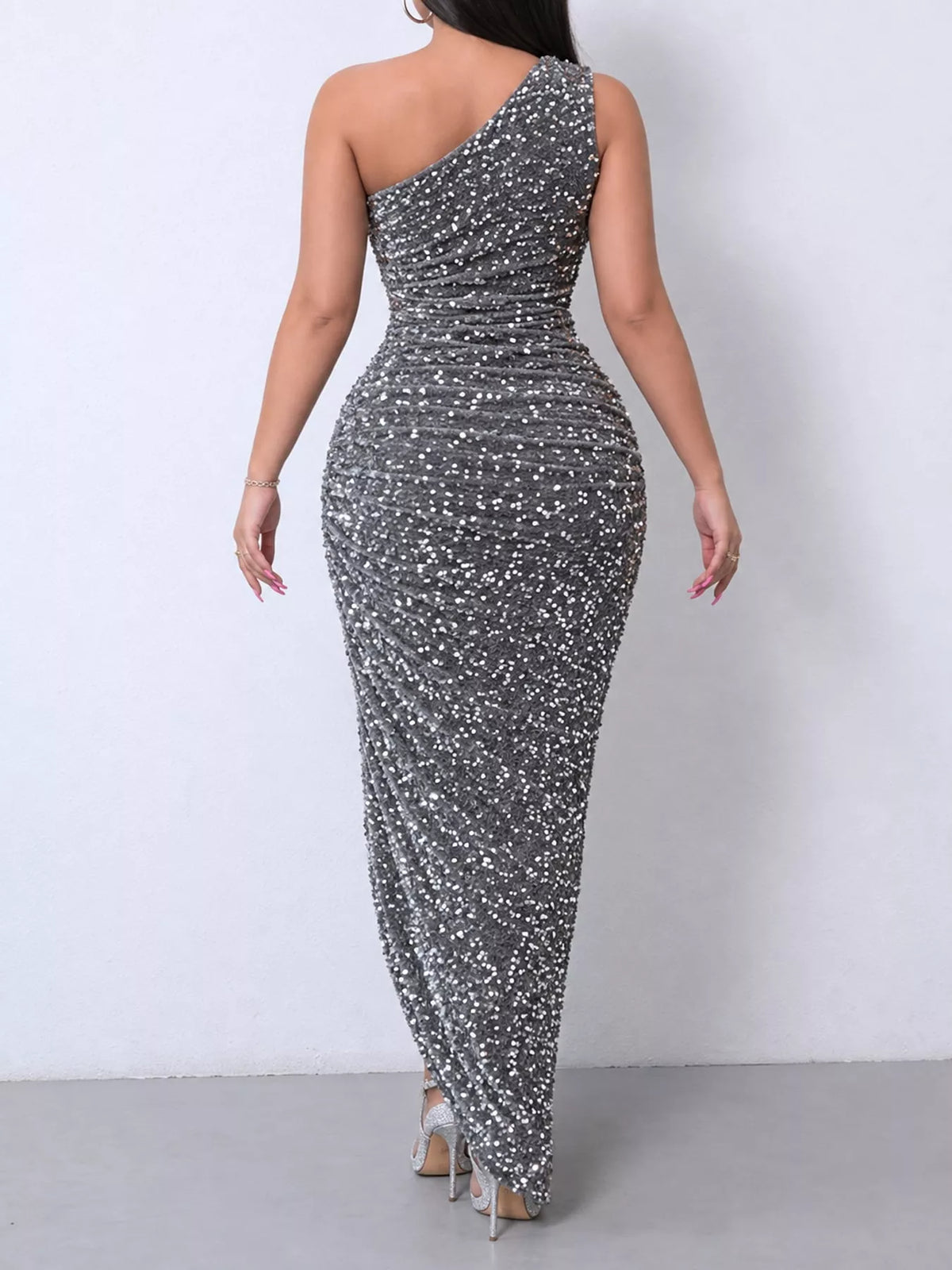 One-Shoulder Ruched Sequin High-Slit Evening Dress – view 3