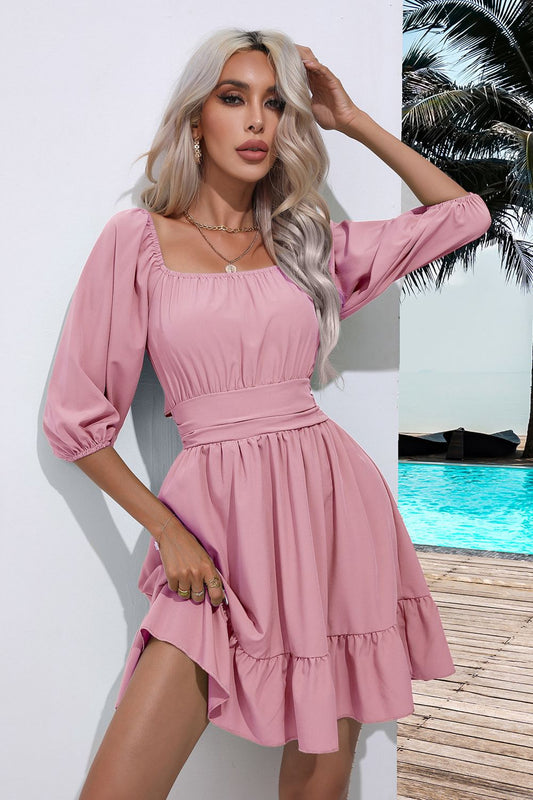 Square Neck Tie Back Ruffle Hem Dress – Urban House Fashion