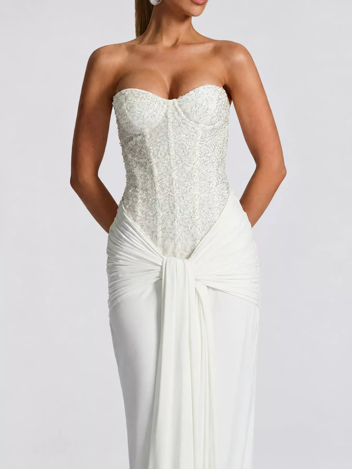 Elegant Strapless Sequin Corset Maxi Dress with Draped Waist Detail – view 4