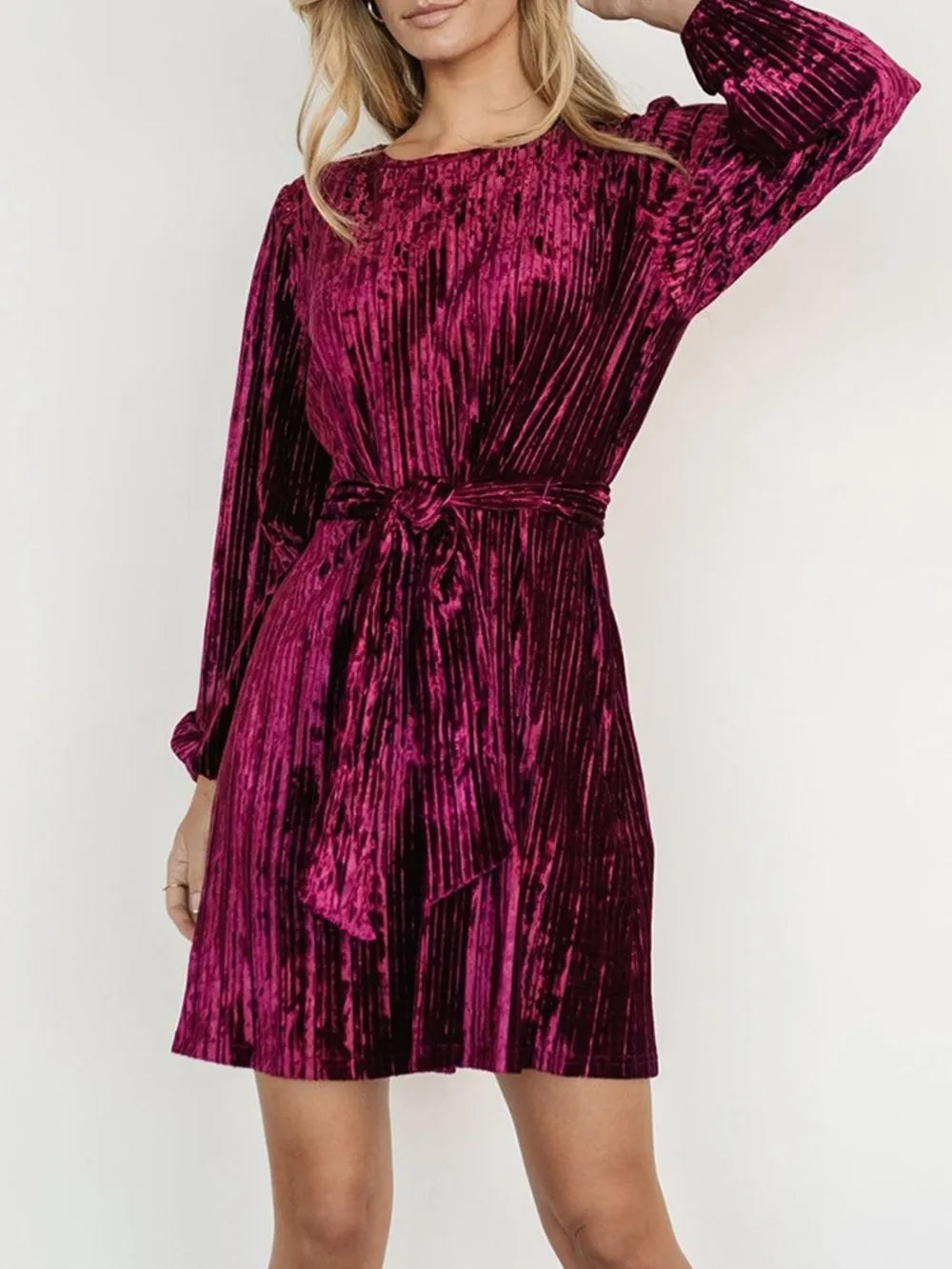 Velvet Round Neck Tie Waist Long Sleeve Mini Dress – view 4
