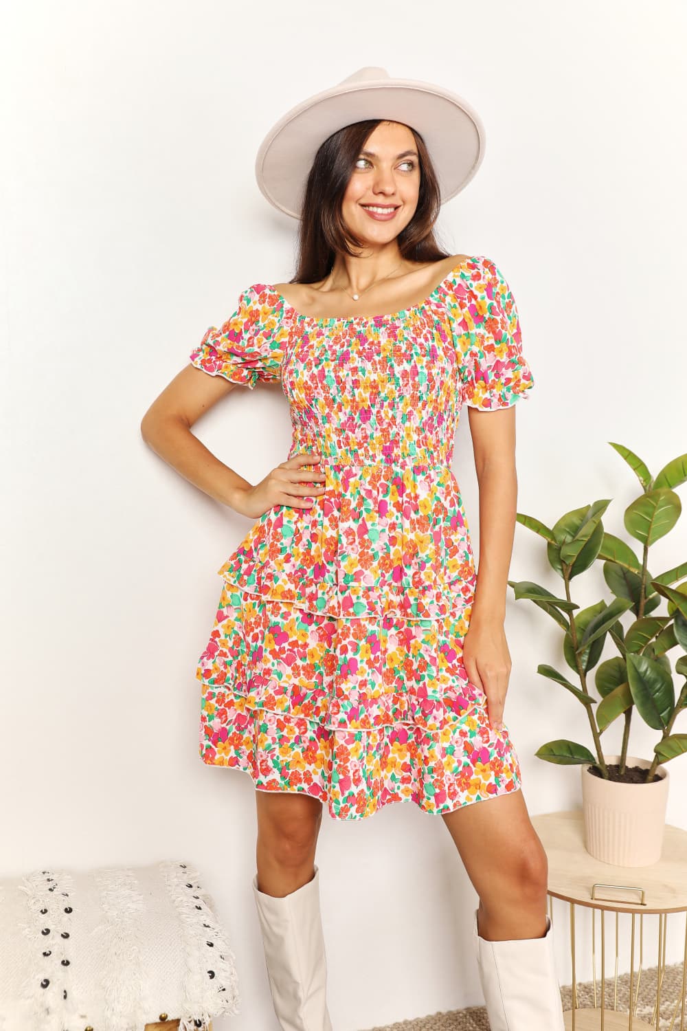 Devine Smocked Sweetheart Neck Flounce Sleeve Mini Dress – view 3