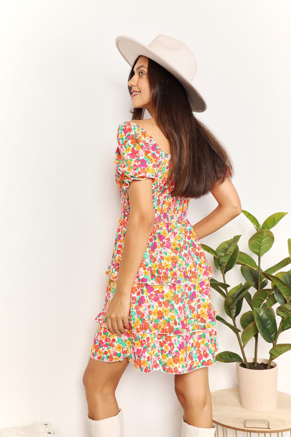 Devine Smocked Sweetheart Neck Flounce Sleeve Mini Dress – view 2