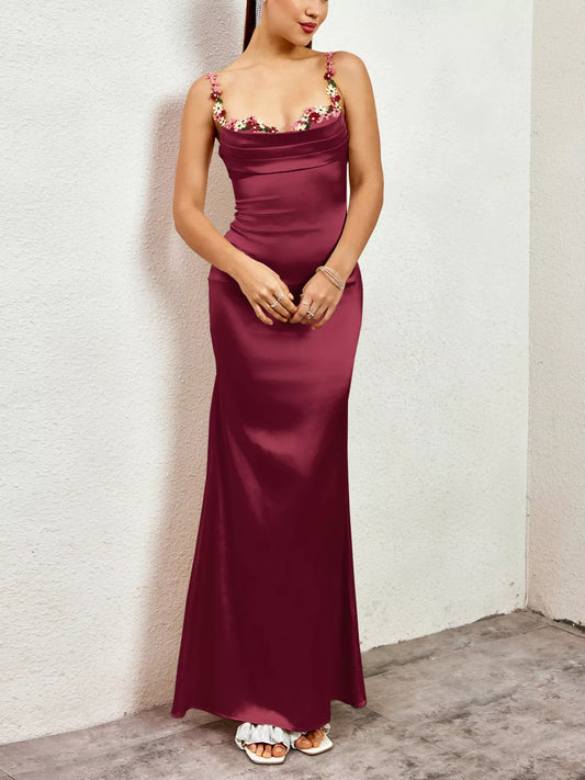 Floral Trim Satin Maxi Dress – Urban House Fashion