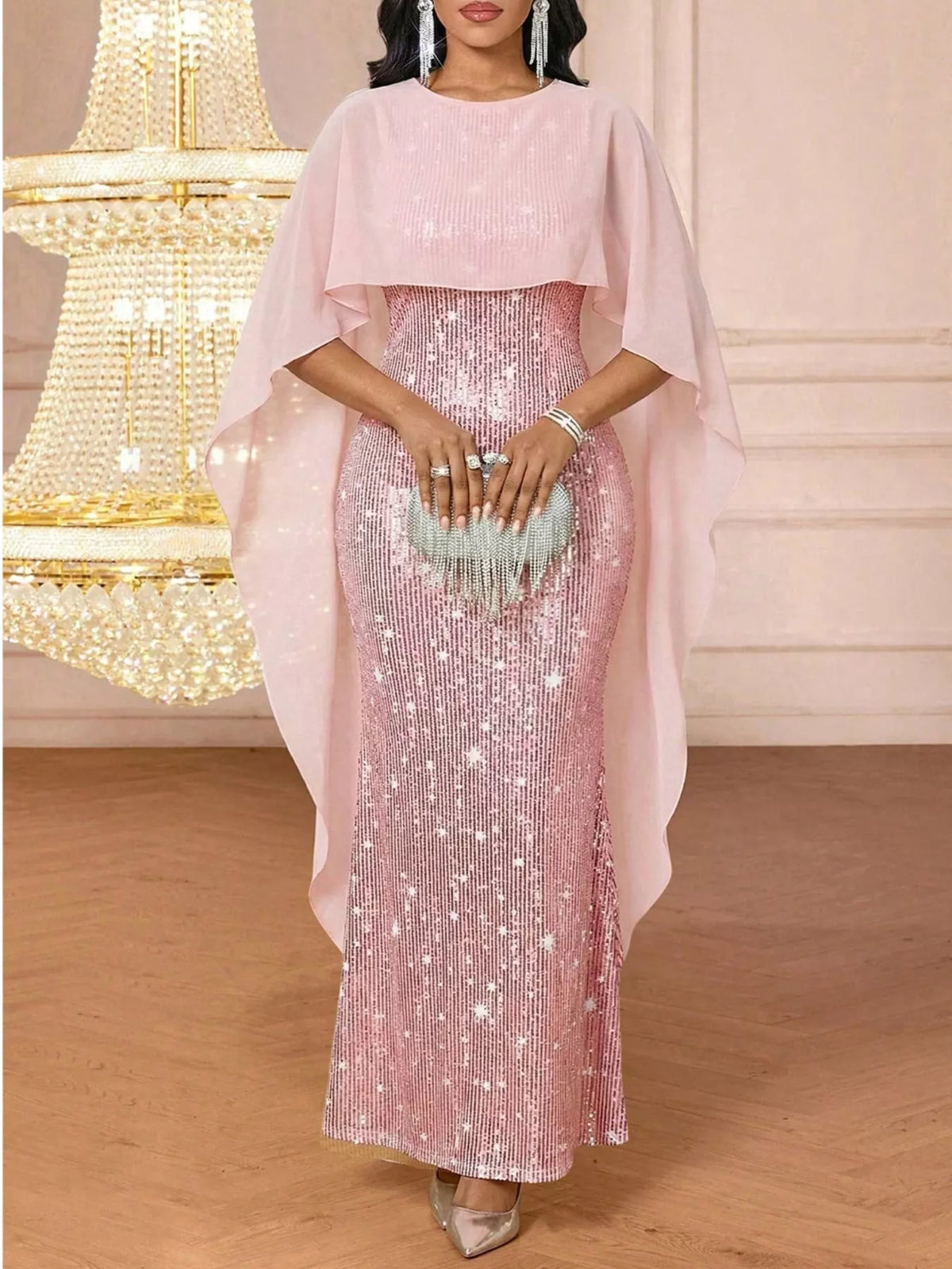 Sequin Cape Overlay Evening Dress – view 4