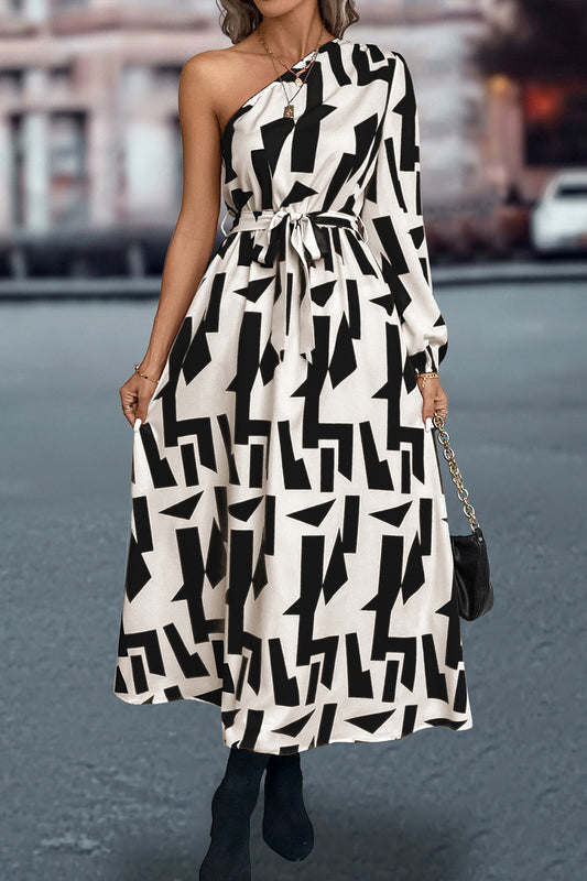 Printed One-Shoulder Tie Waist Dress – Urban House Fashion