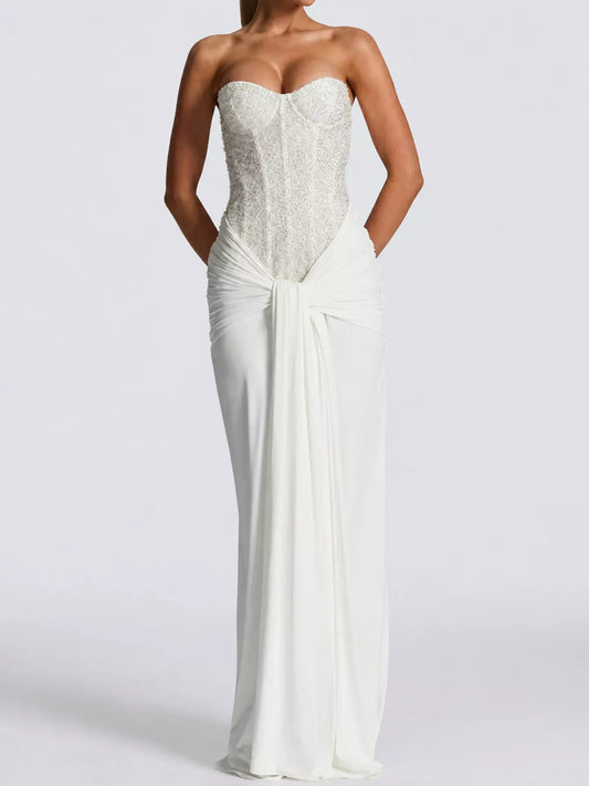 Elegant Strapless Sequin Corset Maxi Dress with Draped Waist Detail – view 2