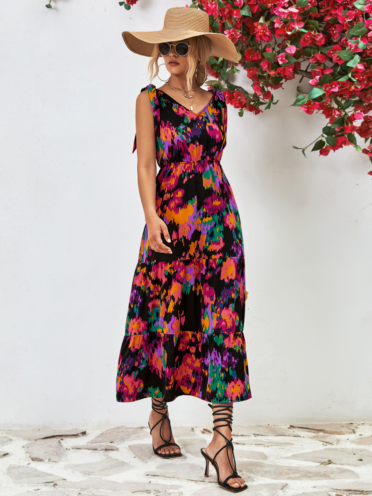 Multicolored V-Neck Backless Midi Dress – view 3