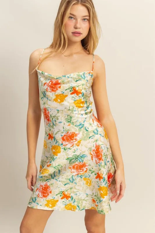 HYFVE Floral Cowl Neck Flirty Satin Mini Dress – view 2