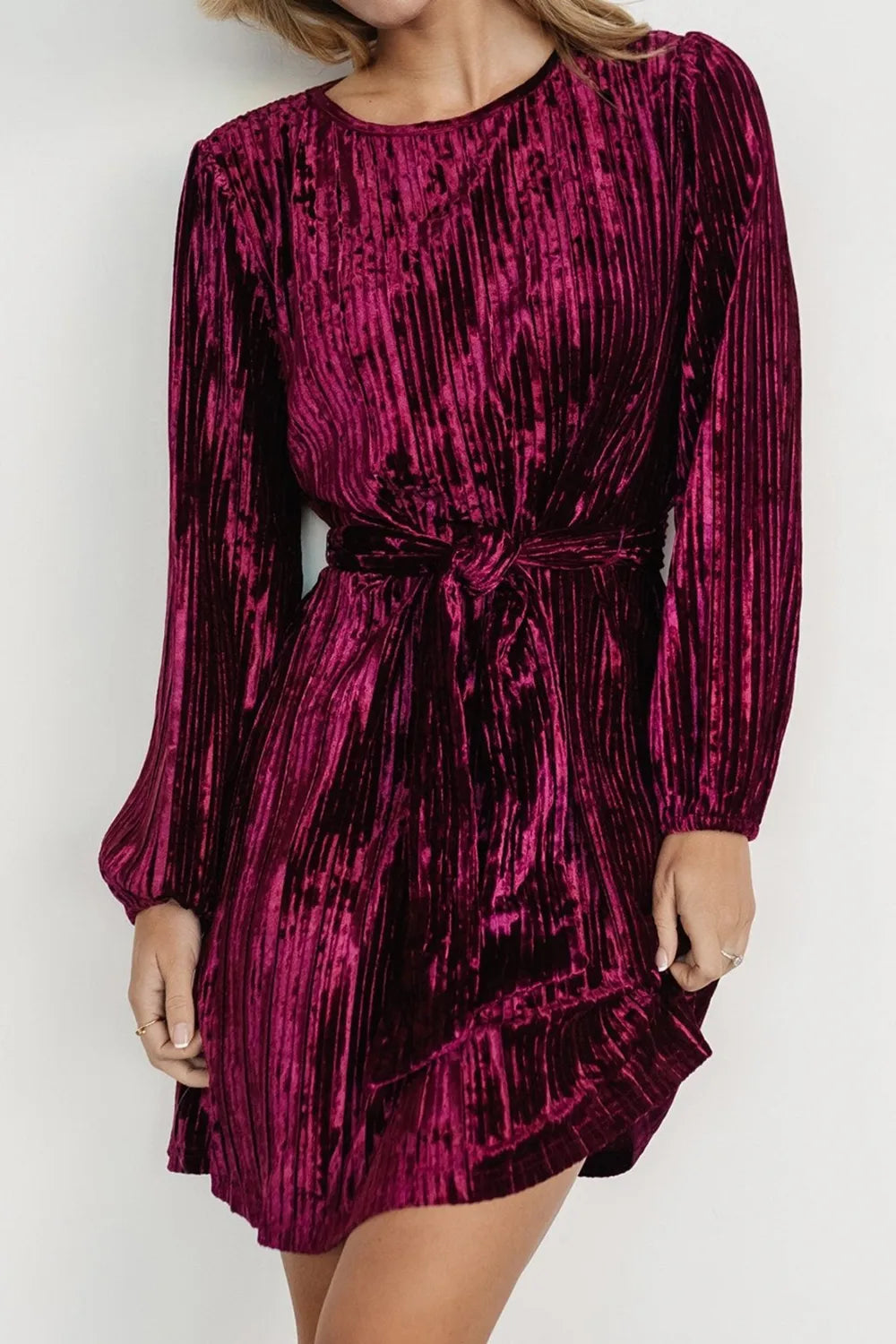 Velvet Round Neck Tie Waist Long Sleeve Mini Dress – view 3