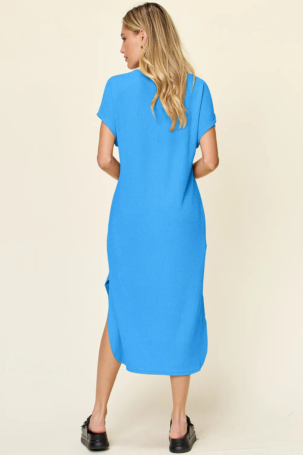 Double Take Round Neck Short Sleeve Slit Dress – view 3
