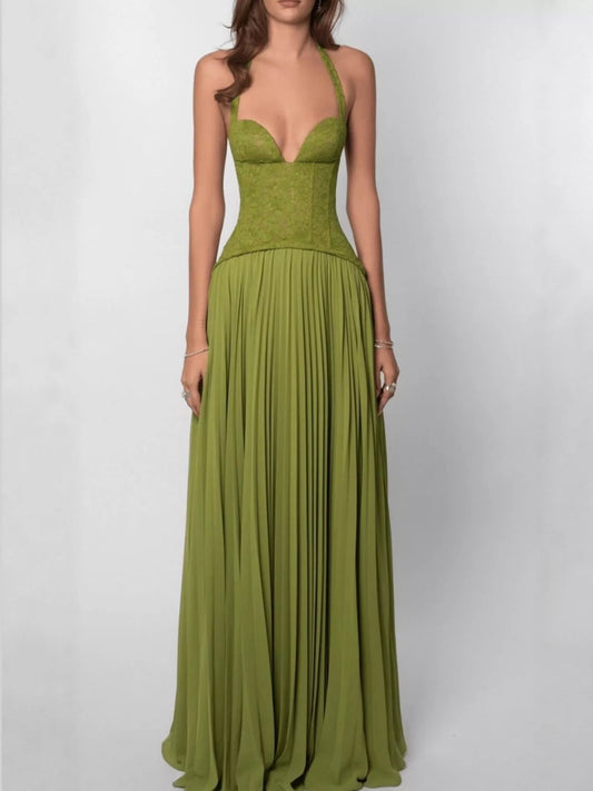 Lace Halter Neck Pleated Maxi Dress – Urban House Fashion