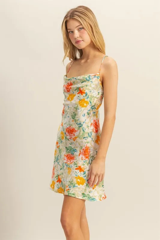 HYFVE Floral Cowl Neck Flirty Satin Mini Dress – view 3