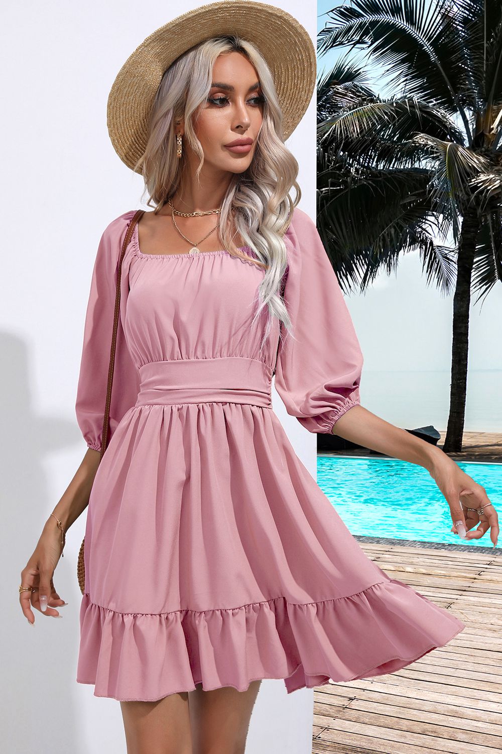 Square Neck Tie Back Ruffle Hem Dress – view 3