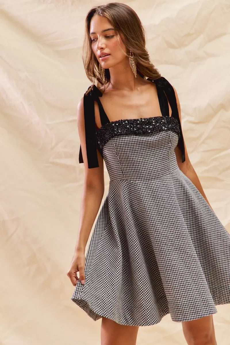 SO ME Houndstooth Fit Flare Mini Dress with Shoulder Tie – view 3