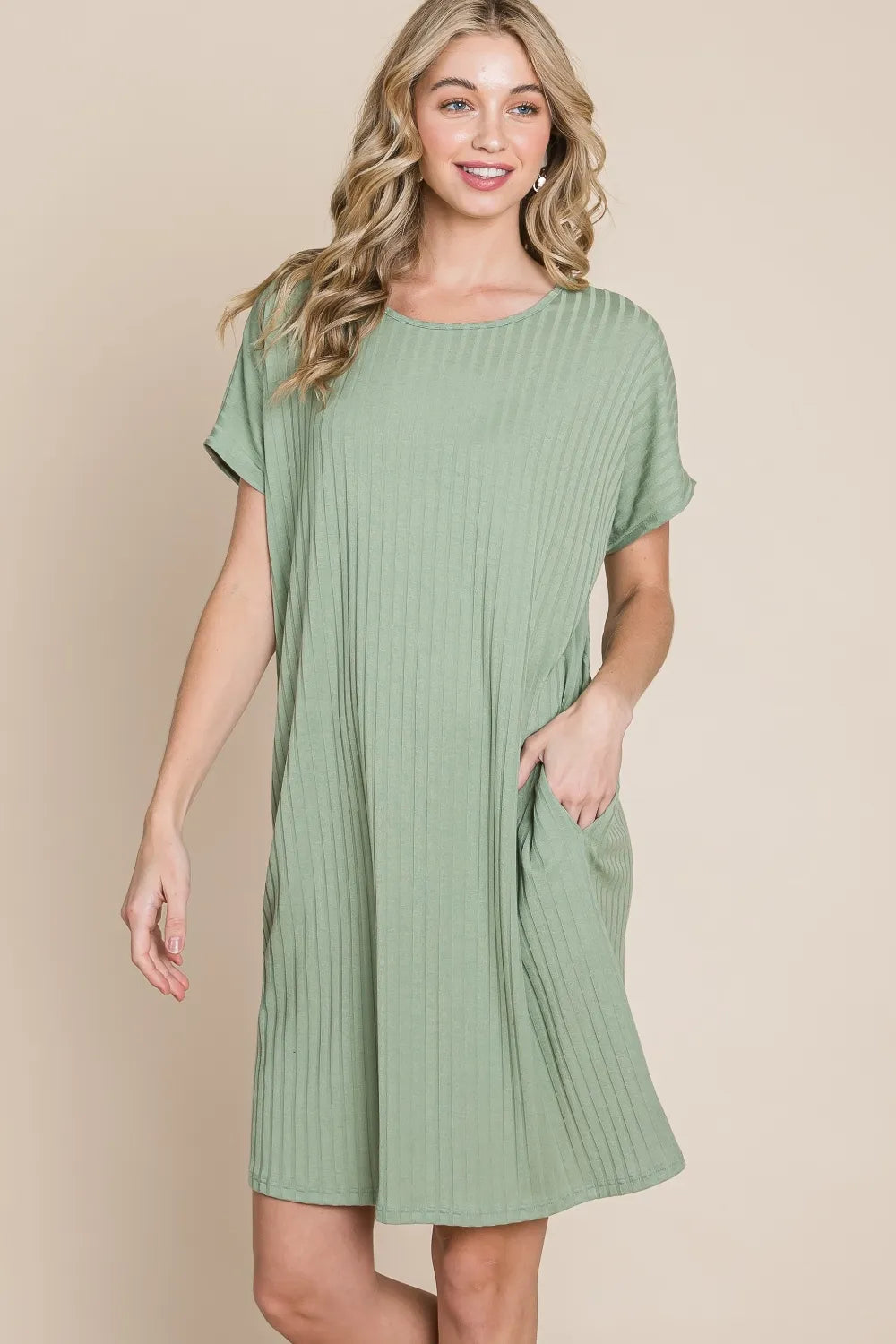 BOMBOM Ribbed Round Neck Short Sleeve Dress – Urban House Fashion