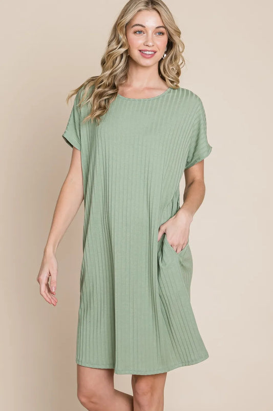 BOMBOM Ribbed Round Neck Short Sleeve Dress – Urban House Fashion