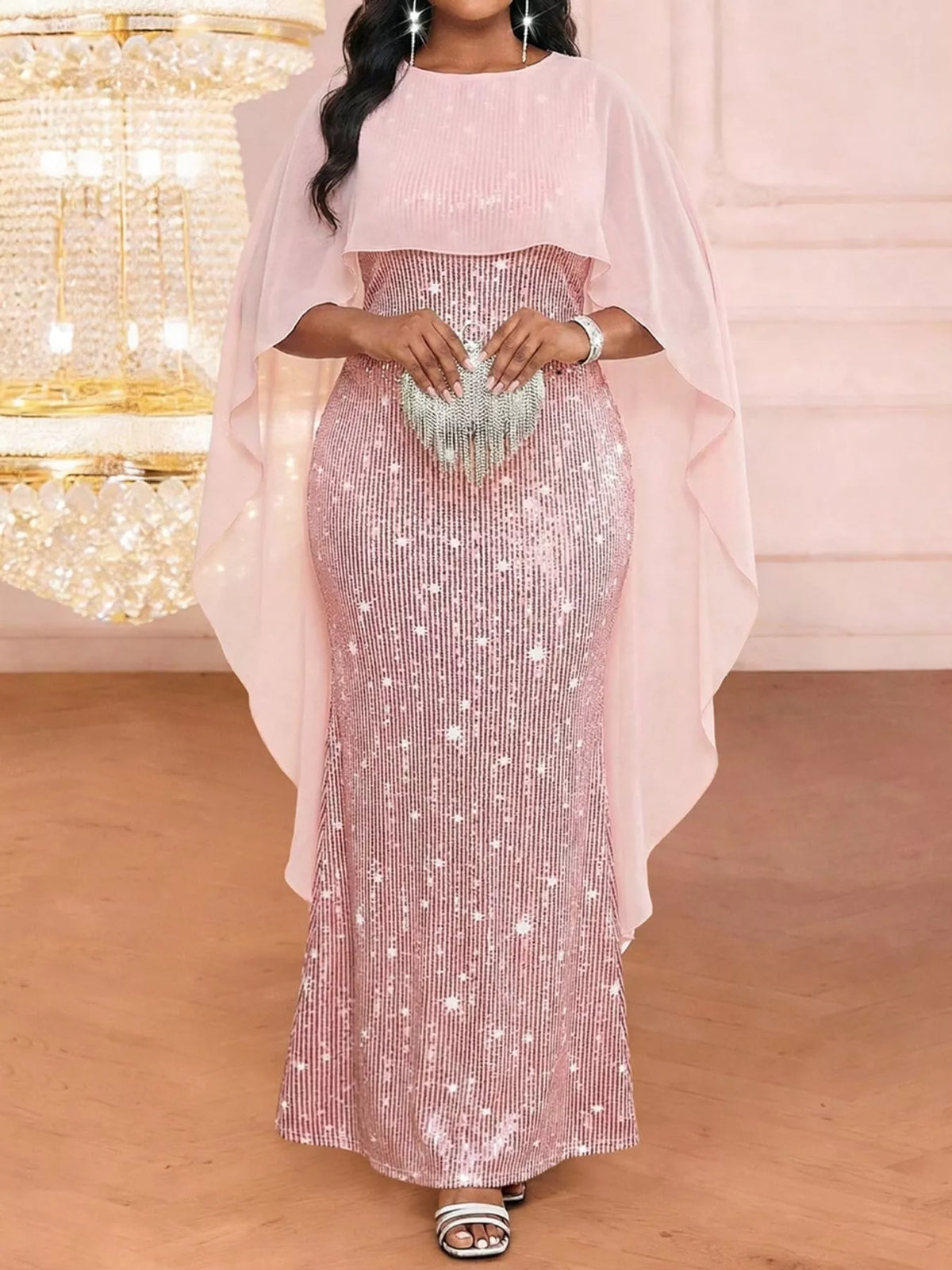 Sequin Cape Overlay Evening Dress – view 3