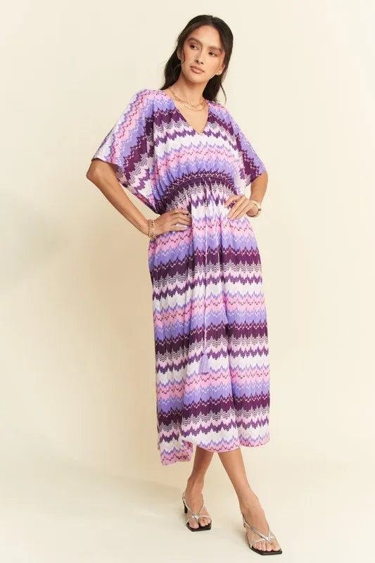 Davi & Dani Multi Color Wavy Tie Waist Flowy Sleeve Dress – Urban House Fashion