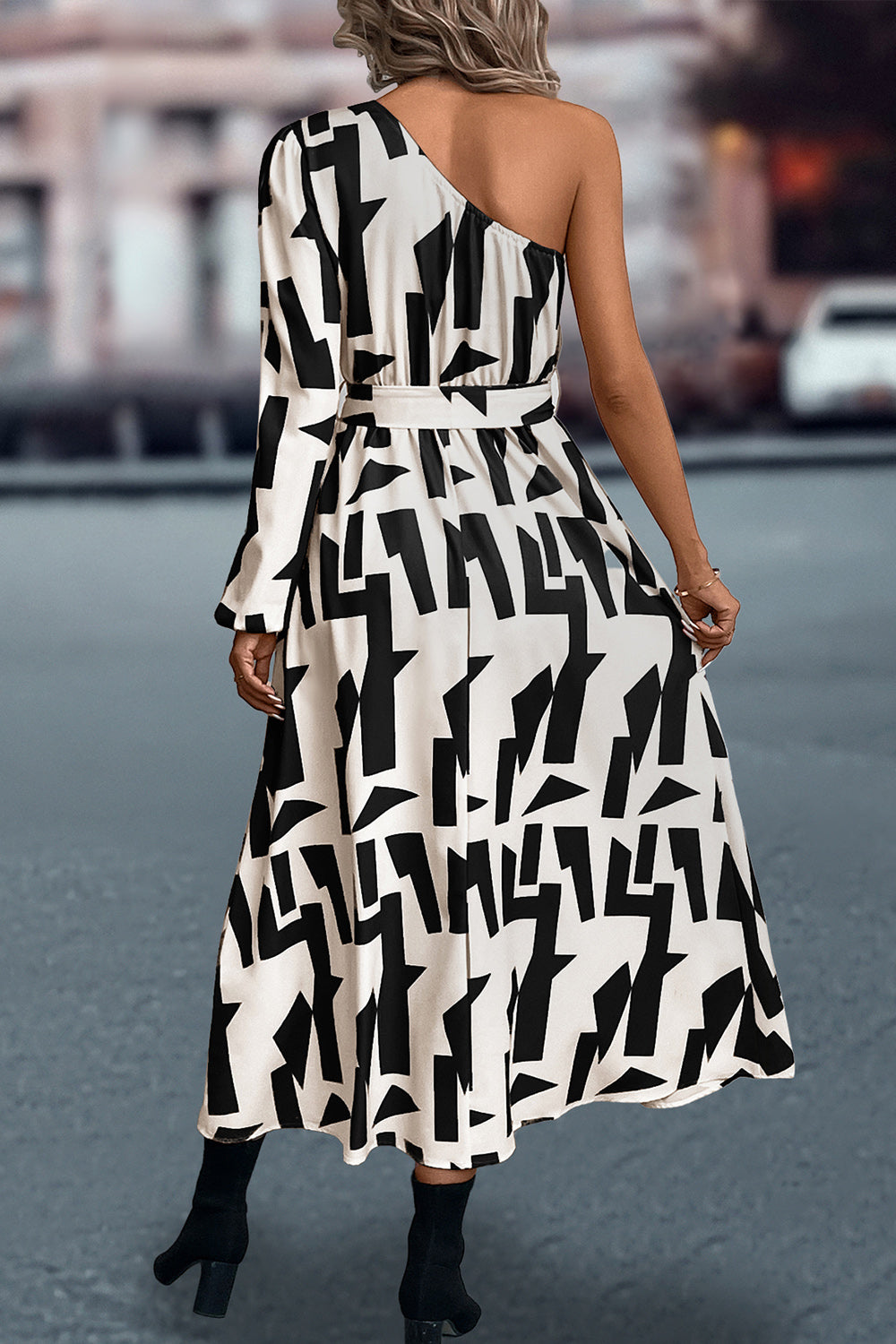 Printed One-Shoulder Tie Waist Dress – view 2