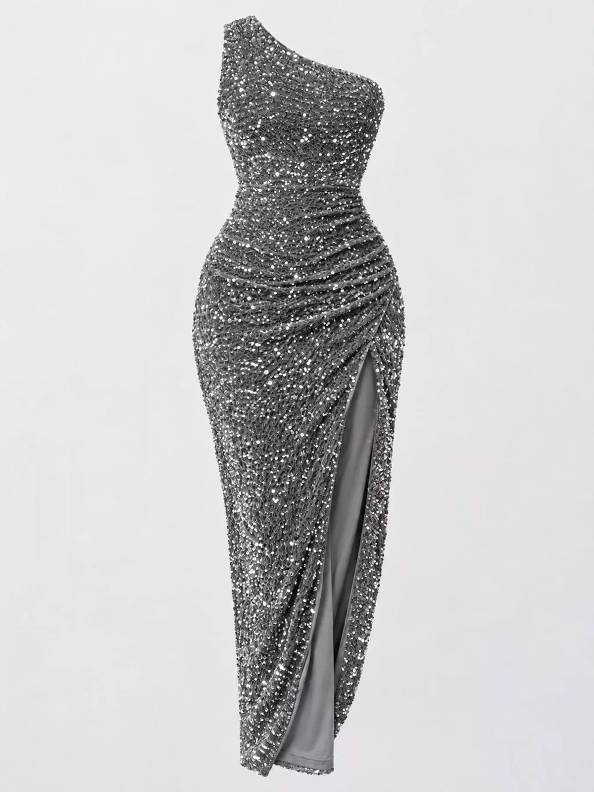 One-Shoulder Ruched Sequin High-Slit Evening Dress – view 4