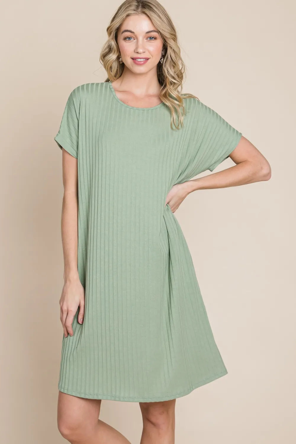 BOMBOM Ribbed Round Neck Short Sleeve Dress – view 3