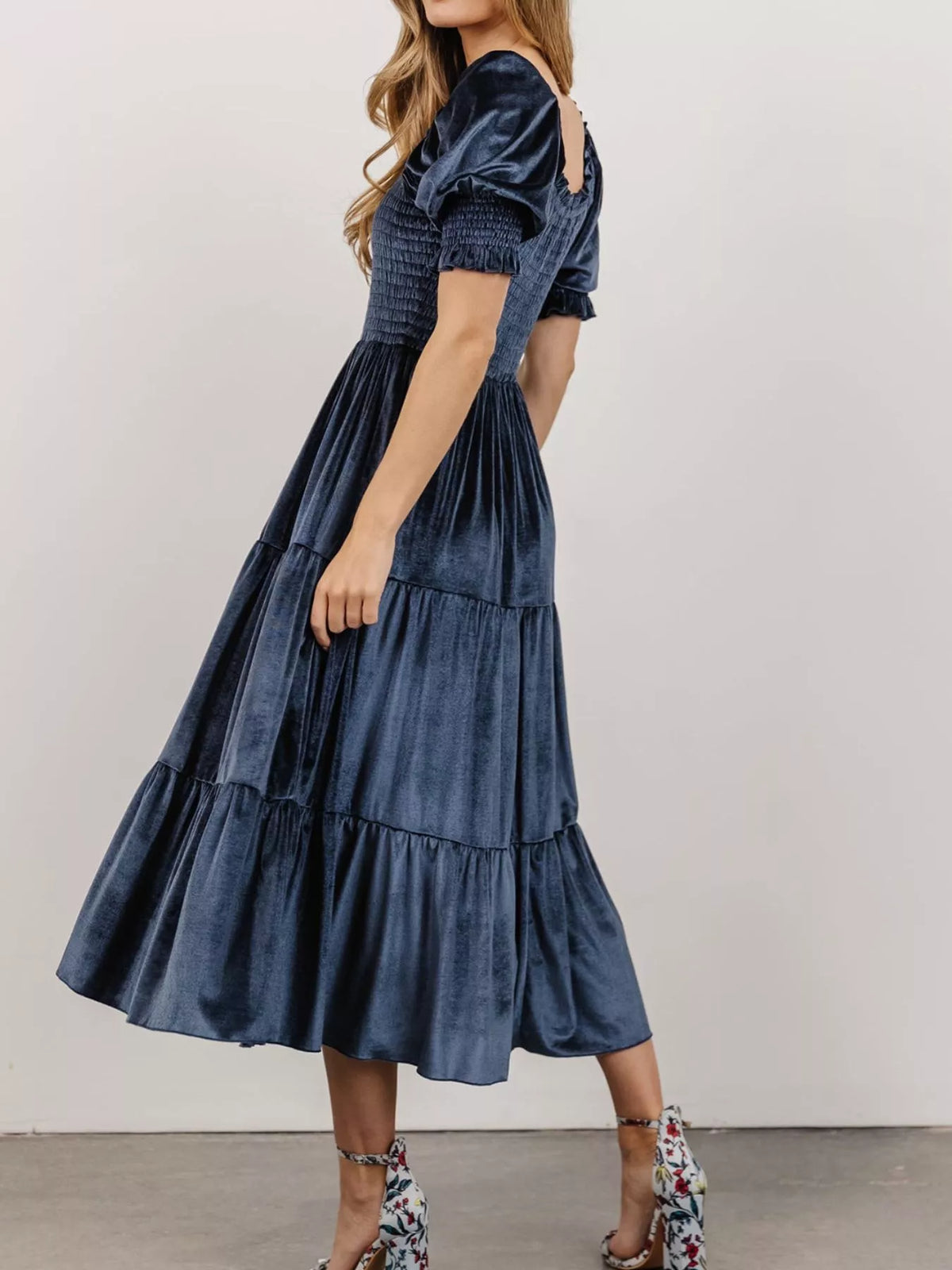 Velvet Smocked Tiered Midi Dress – view 3