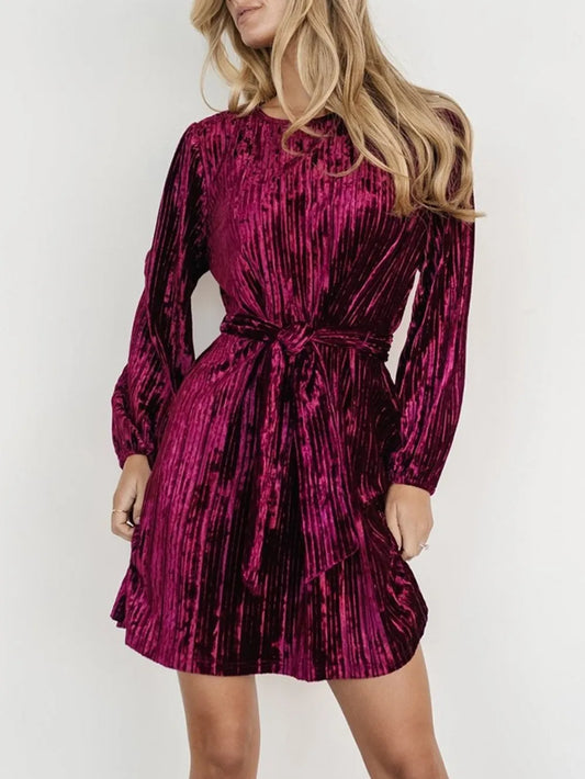 Velvet Round Neck Tie Waist Long Sleeve Mini Dress – Urban House Fashion