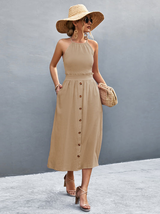 Buttoned Halter Neck Frill Trim Midi Dress – Urban House Fashion