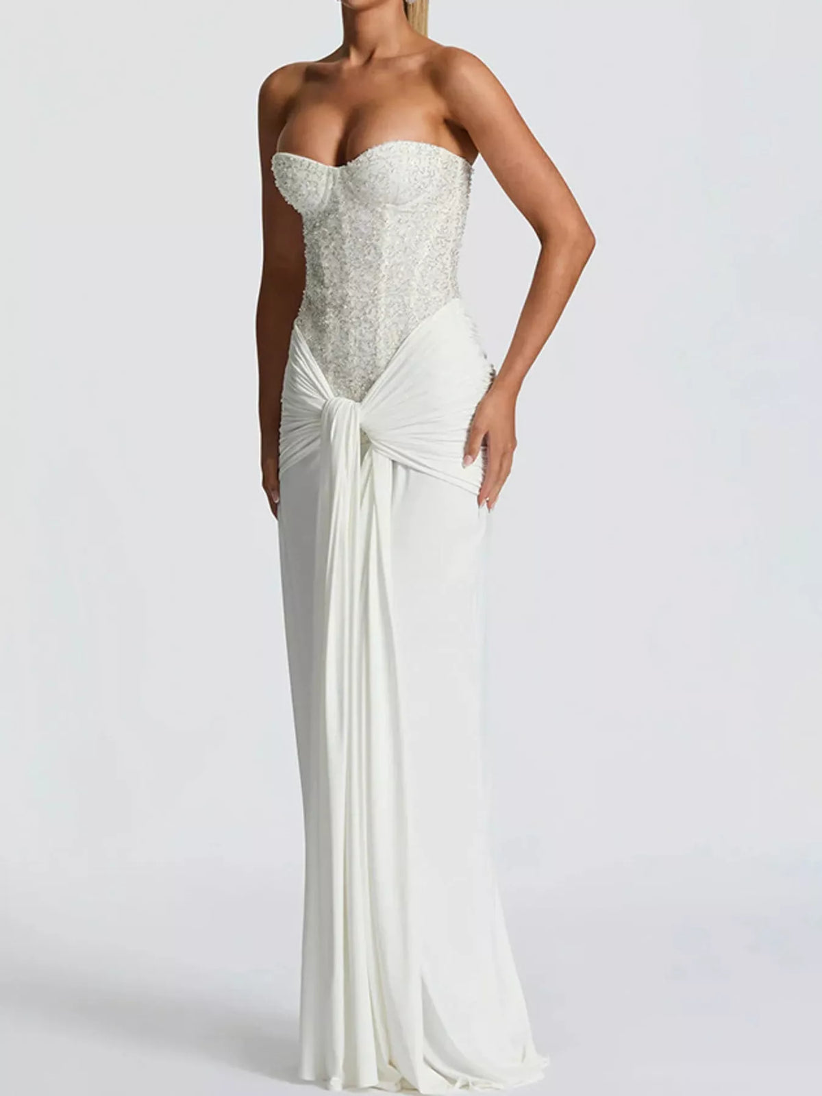 Elegant Strapless Sequin Corset Maxi Dress with Draped Waist Detail – view 3