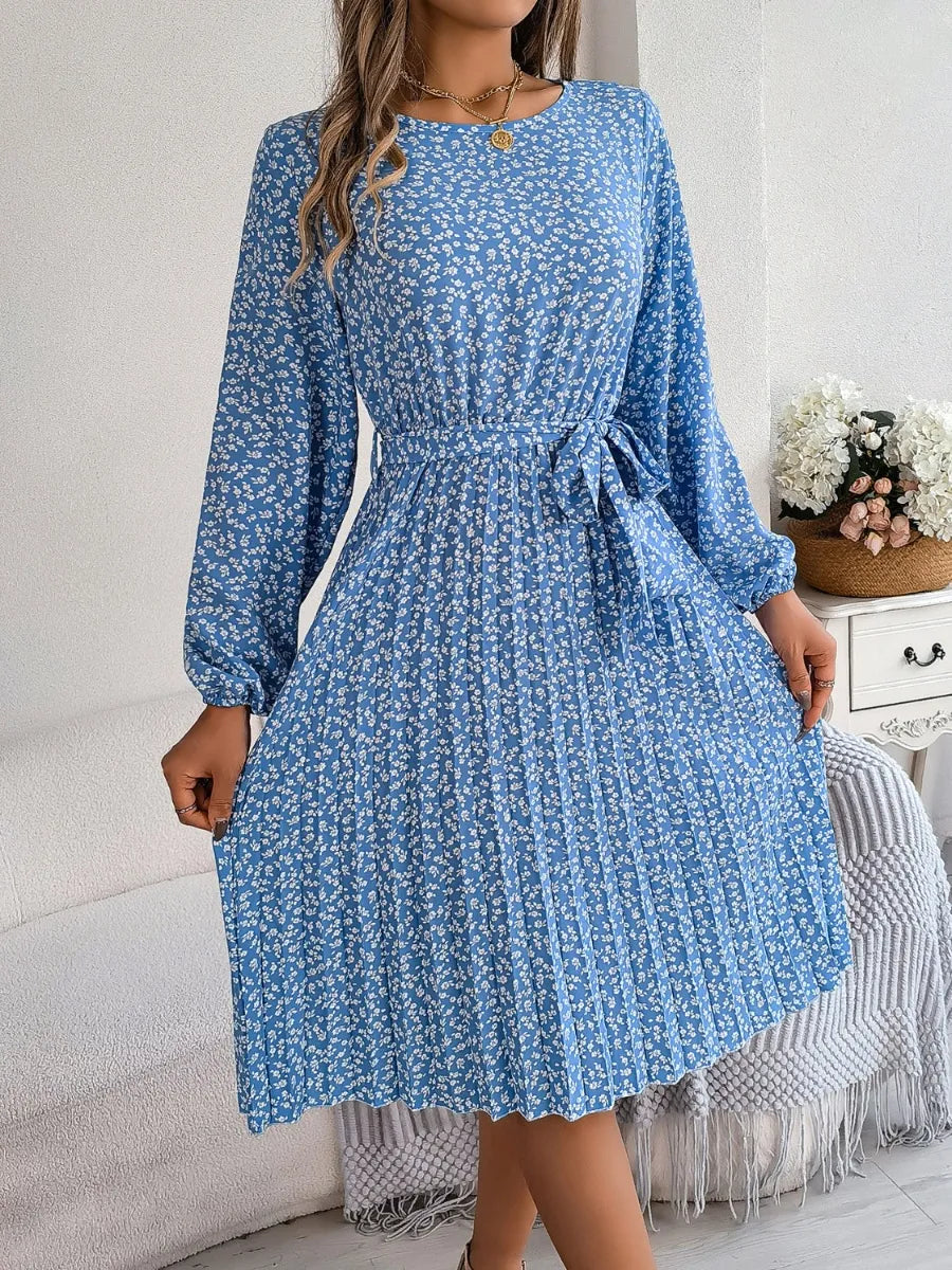 Ditsy Floral Tie Waist Pleated Dress – Urban House Fashion