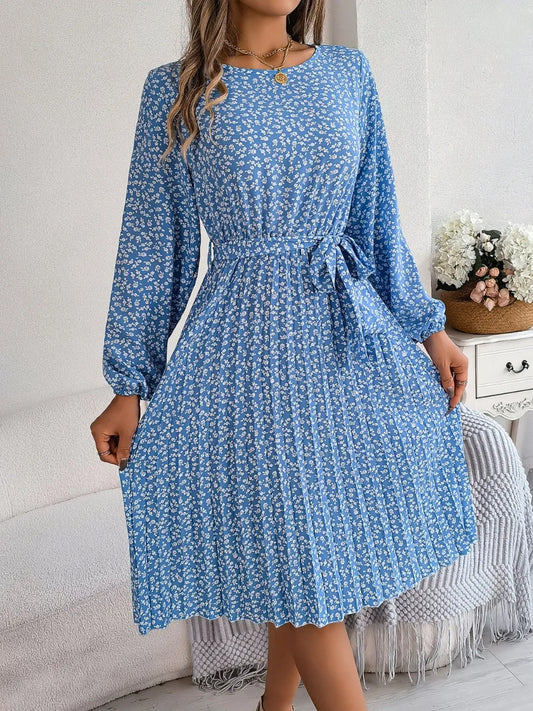 Ditsy Floral Tie Waist Pleated Dress – Urban House Fashion