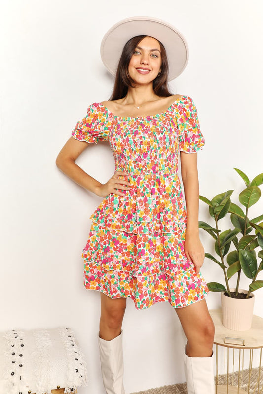 Devine Smocked Sweetheart Neck Flounce Sleeve Mini Dress – Urban House Fashion