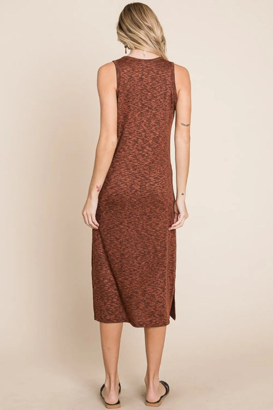 BOMBOM Slit Round Neck Sleeveless Midi Dress – view 2